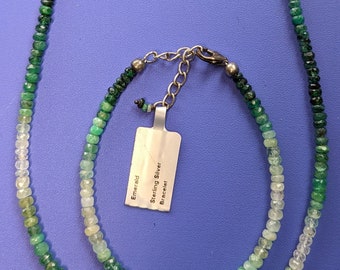 Shades of Emerald faceted bead sterling silver necklace & bracelet set