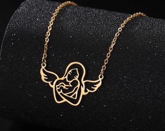 Engel Mama Baby Anhänger Halskette - Edelstahl Ketten Halskette für Frauen - Trendy Schmuck