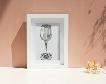 Original Tusche Zeichnung Fine Art Fine Line Schwarz Weiß Skizze Weinglas Wein Wineglass Wandbild