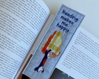 Tree Fabric Bookmark, Reading Makes Me Happy, Free Shipping, Donate Bookmark, Cloth embroidered page keeper, Unique reader gift, scrappy