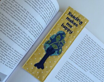 Tree Fabric Bookmark, Reading Makes Me Happy, Free Shipping, Donate Bookmark, Cloth embroidered page keeper, Unique reader gift, scrappy