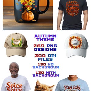 May include: A collection of autumn-themed items, including a black mug with a pumpkin and fall leaves design, t-shirts with fall-themed text, and baseball caps. The image also includes a cat with a pumpkin mug.