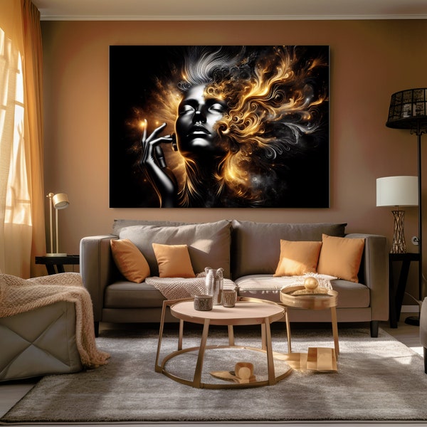 women in ecstasy, gallery, bedroom, office living room elegant design of a women in dark black golden colors, Matte Canvas, Stretched, 0.75"