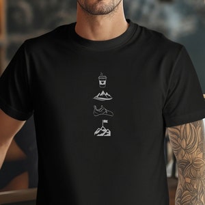コーヒー、登山、靴、そして征服！ | ミニマルなロッククライミングシャツ | クライミングTシャツ | ボルダリングクライマー用シャツ | 男性と女性用シャツ