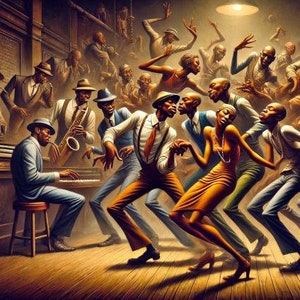 Canvas 36x24 No-frame Harlem Renaissance-inspired African American art, featuring a soulful juke joint celebration