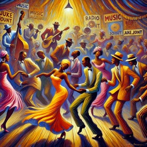 May include: A vibrant painting depicting a lively scene of people dancing in a brightly lit room. The room is decorated with signs that read "Juke Joint" and "Music". The dancers are dressed in colorful clothing and are moving to the music played by a band in the background.