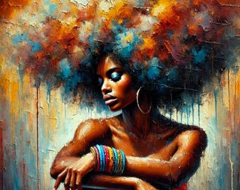May include: A painting of a woman with dark skin and a large afro of blue, orange, and yellow paint. She is wearing a red and orange dress and has a gold bracelet on her wrist. The background is a textured, abstract painting of blue, orange, and yellow.