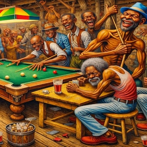Impressão em tela de arte afro-americana: cena de salão de bilhar com ritmos emocionantes