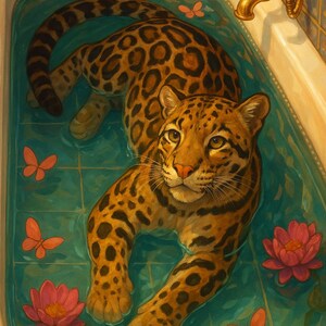 May include: A painting shows a leopard in a bathtub with teal water, pink lotus flowers, and orange butterflies. The leopard has a spotted coat. The bathtub has a gold tap. The bathroom tiles are teal.