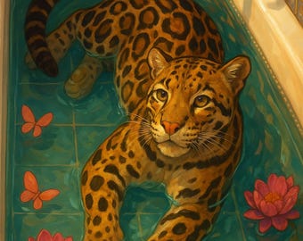 Leopard Bathtub Art Print, Jungle Cat, Maximalist Wall Decor (Digital)