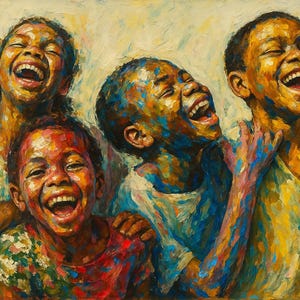 African American Wall Art Print, Black Children Laughing, Impasto Digital Painting, Afrocentric art, happy kids, Colorful Black Art