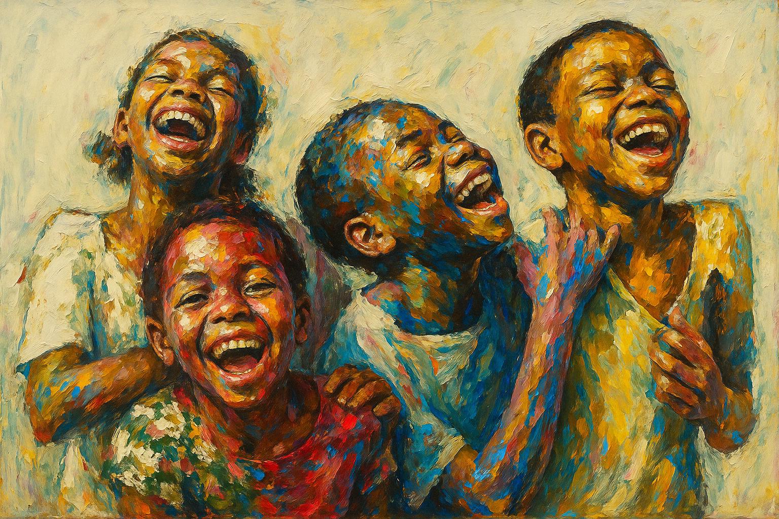 African American Wall Art Print, Black Children Laughing, Impasto Digital Painting, Afrocentric art, happy kids, Colorful Black Art