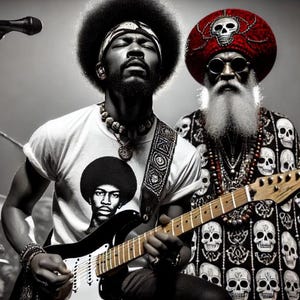 May include: Two musicians performing on stage. One musician is wearing a white t-shirt with a black and white image of a person on it. The other musician is wearing a black and white skull patterned robe with a red turban. Both musicians are playing electric guitars.