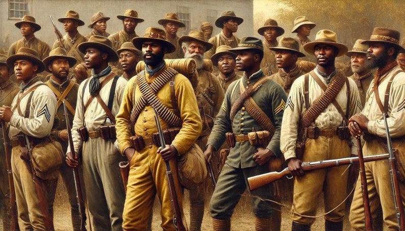 May include: A group of men in military uniforms stand in a line, holding rifles. They are wearing hats and have serious expressions on their faces. The men are dressed in brown, yellow, and green uniforms.