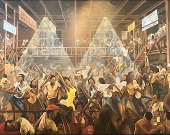 Canvas with frame large 24x36 African-American theme  scenes  vibrant nightlife on . &quot;Night Life at the Studio&quot;
