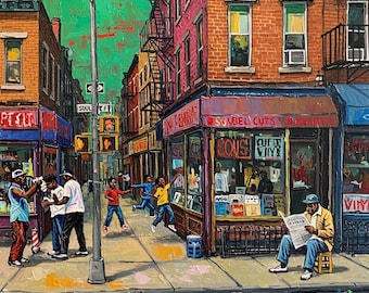 May include: An urban street scene painting with buildings, storefronts, and people. The artwork features a vibrant color palette, with a focus on the details of the buildings and the activity of the people on the sidewalk. The painting captures the essence of city life.