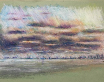 Misty Dungeness in Kent. Original oil pastel drawing of English landscape, sea and clouds.