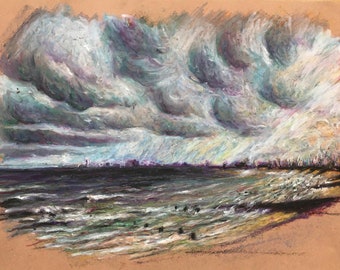 The Tide is Going Out. Original oil pastel drawing of English seascape.