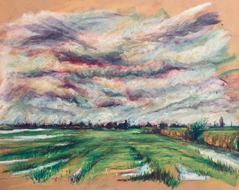 Romney Marsh, Kent, England. Oil pastel landscape and clouds, handmade original art, plein-air. Perfect gift for someone who loves nature.