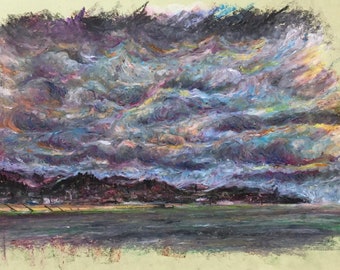 Stormy Skies Over Folkstone. Original oil pastel drawing of english landscape.