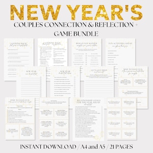May include: A printable New Year's game bundle for couples. The bundle includes 21 pages of games and activities to help couples connect and reflect on the past year and set goals for the new year. The pages are decorated with a gold glitter design.