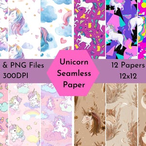 Unicorn Seamless Digital Paper Pack, 12x12 JPG PNG, Pastel Rainbow Unicorn Scrapbook Paper, Cute Fantasy Backgrounds 300 DPI