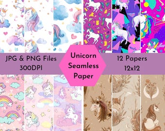 Paquete de papel digital sin costuras de unicornio, 12 x 12 JPG PNG, papel para álbum de recortes de unicornio arcoíris pastel, lindos fondos de fantasía, 300 DPI