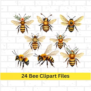 Bee Clipart Bundle 24 Watercolor Bees PNG JPG, Bumblebee Digital Download, Transparent Background Honey Bee Sublimation
