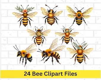Paquete de 24 imágenes prediseñadas de abejas en acuarela (PNG, JPG), descarga digital de abejorro, fondo transparente, sublimación de abejas de miel