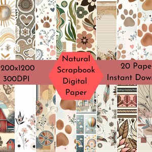 Papel digital para scrapbooking natural, 20 patrones naturales, archivos JPG de 300 dpi, fondos de descarga instantánea para uso comercial, scrapbooking y manualidades.