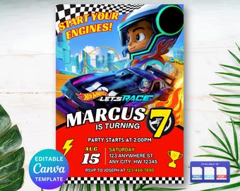Invitación de cumpleaños de Hot Cars, invitación digital para fiesta de cumpleaños de Hot Cars Let's Race, tarjeta de cumpleaños para niño, descarga digital, plantilla editable