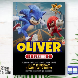 Invitation Sonic the Hedgehog, Invitation numérique de fête d'anniversaire Sonic Boys, carte d'anniversaire pour enfants, téléchargement numérique, modèle modifiable