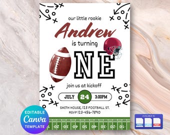 Football First Birthday Invitation, First Year Down Party, Boys First Birthday Kick Off, Football Party, Printable Canva Template