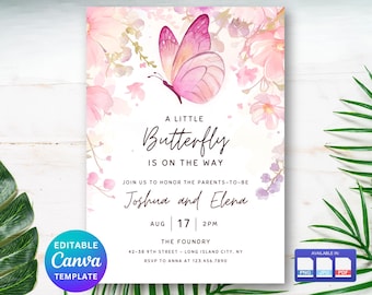 Butterfly Baby Shower Invitation, Pink Baby Shower, Girl Butterfly Bridal Shower Invitation, Pink Flowers Birthday Invite, Canva Template