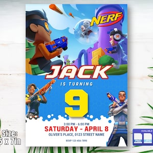 May include: A blue and yellow birthday invitation for a 9-year-old boy. The invitation features a cartoon image of a boy holding a Nerf gun and the text "Jack is turning 9". The invitation also includes the date and time of the party, as well as the location. The invitation is available in PNG, JPG, and PDF formats.
