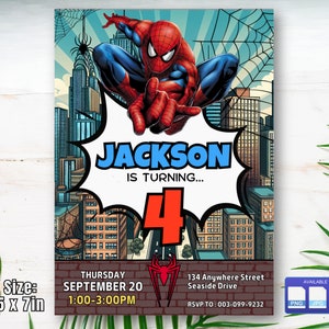 Invitation Spider Man, Invitation numérique pour fête d'anniversaire garçons Spider-man, carte d'anniversaire pour enfants, téléchargement numérique, modèle modifiable