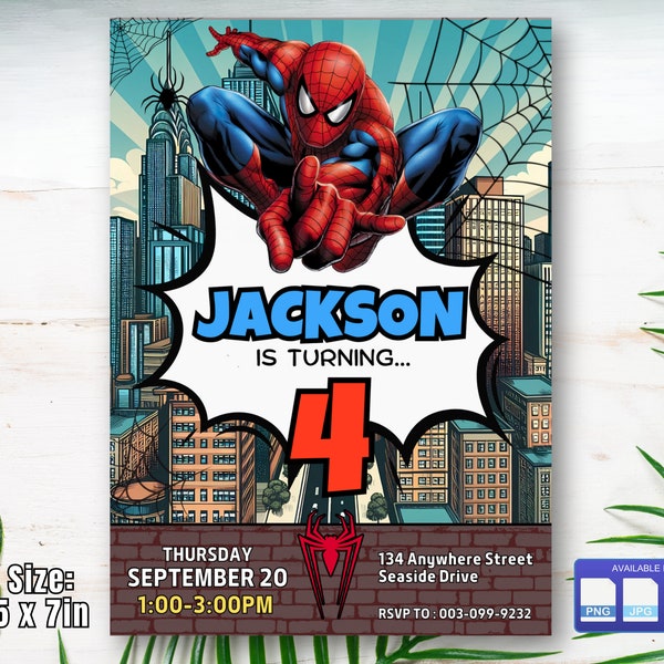 Spider Man Invitation, Spider-man Boys Birthday Party Digital Invitation, Kids Birthday Card, Digital Download, Editable Template