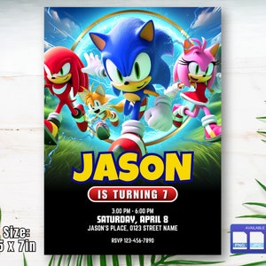 Sonic the Hedgehog-uitnodiging, Sonic Boys digitale verjaardagsuitnodiging verjaardagsfeestje, kinderverjaardagskaart, digitale download, bewerkbare sjabloon