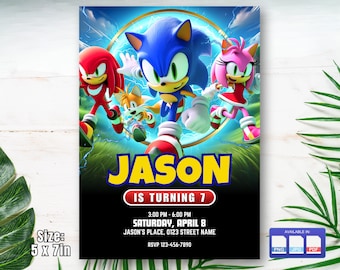 May include: A Sonic the Hedgehog birthday party invitation featuring Sonic, Tails, Knuckles, and Amy Rose. The invitation is black with yellow text and a blue circle with a lightning bolt. The text reads "Jason is turning 7".