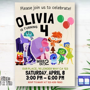 Invitación de cumpleaños de Inside Out 2, para niños y niñas, invitación digital de fiesta, tarjeta de cumpleaños, descarga digital, plantilla editable