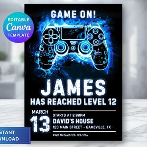 Convite de aniversário de videogame, convite de festa de aniversário com tema de jogador editável, cartão de aniversário infantil legal, jogo ligado! Download digital
