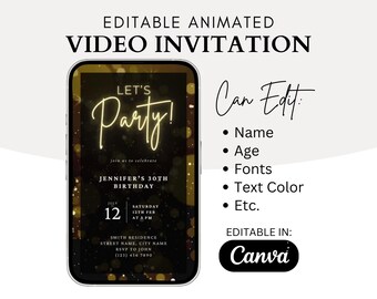Digital Birthday Invitation, Black Gold Luxury DIY Digital Invitation, Let's Party Birthday Evite, Gold Elegant Party Video Invitation