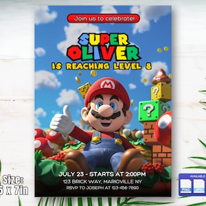 Convite editável de aniversário do Super Mario, convite digital para festa de aniversário do Mario Bros, cartão de aniversário infantil, download digital, modelo Canva