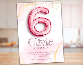 Pink 6th Birthday Invitation, Glitter Birthday Invite, Pink Birthday Card, Cute Holographic Foil, Digital Download, Editable Template
