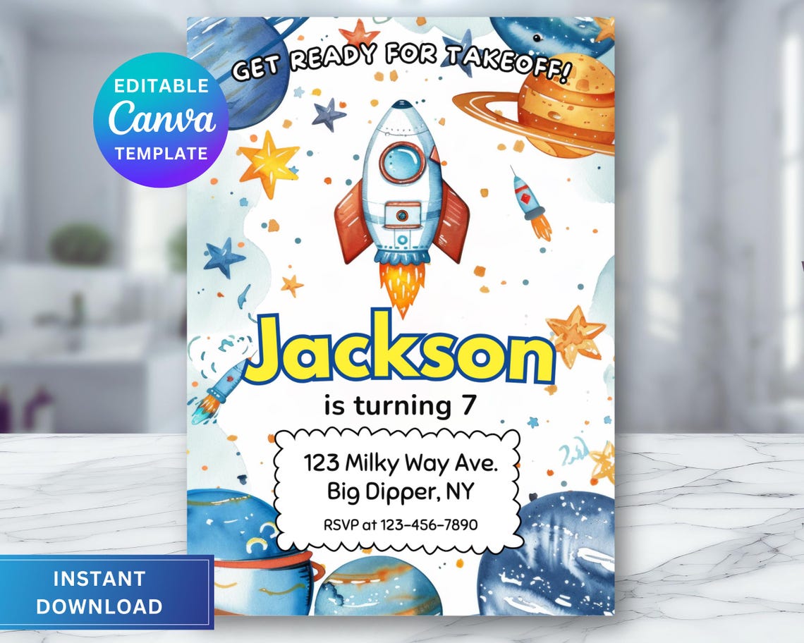 Rocket Inviation Spaceship Birthday Invitation, Rocket Space Theme Birthday, Party ...
