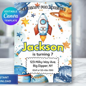 Faire-part d'anniversaire vaisseau spatial, anniversaire sur le thème de l'espace fusée, carte d'invitation à une fête, modèle de toile, téléchargement numérique, invitation d'anniversaire
