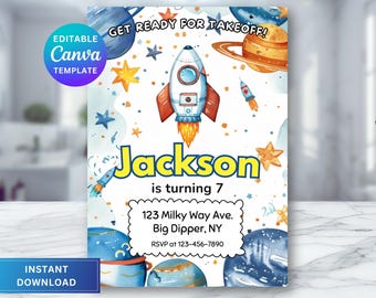 Spaceship Birthday Invitation, Rocket Space Theme Birthday, Party Invitation Card, Canva Template, Digital Download, Birthday Invite