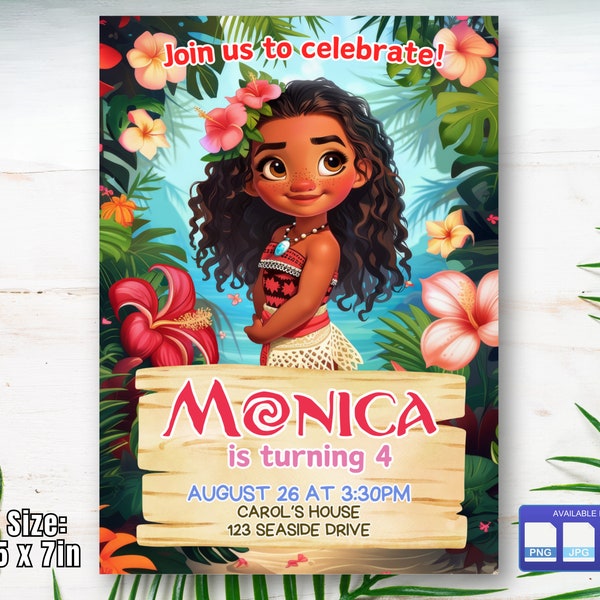 Baby Moana Birthday Invitation, Moana Girls Luau Party, Digital Invitation, Cute Moana Cartoon, Kids Birthday, Canva Editable Template