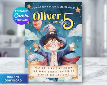 Editable Wizard Birthday Invitation, Magic Theme Birthday, Party Invitation Card, Canva Template, Digital Download, Birthday Invite