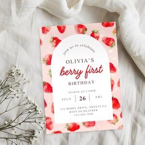 Bewerkbare verjaardagsuitnodiging Berry, zoete bessen thema verjaardag, uitnodigingskaart feest, canvas sjabloon, Berry eerste verjaardagsuitnodiging